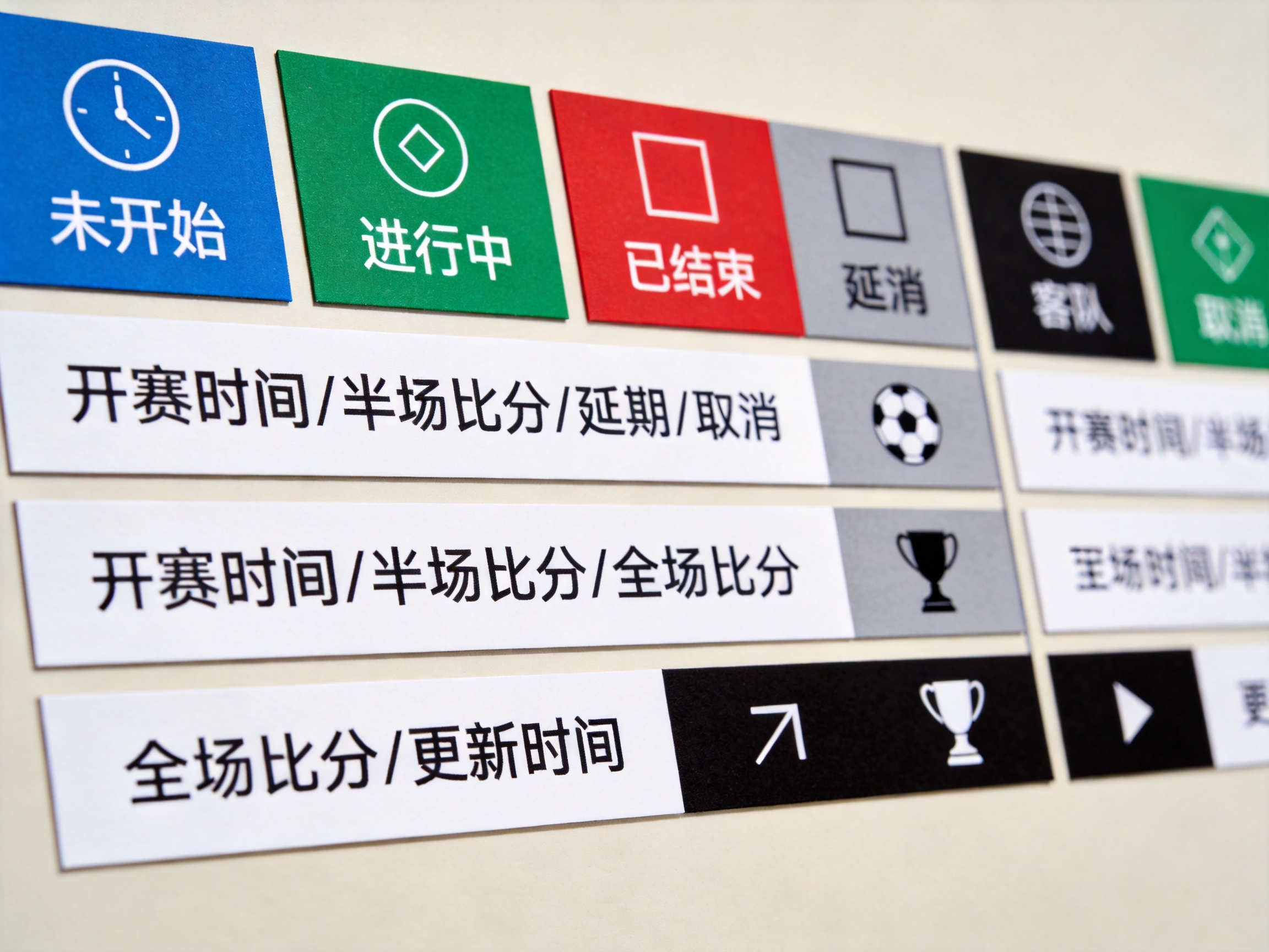 比分列表中比赛状态标识与主客队比分字段的图例示意